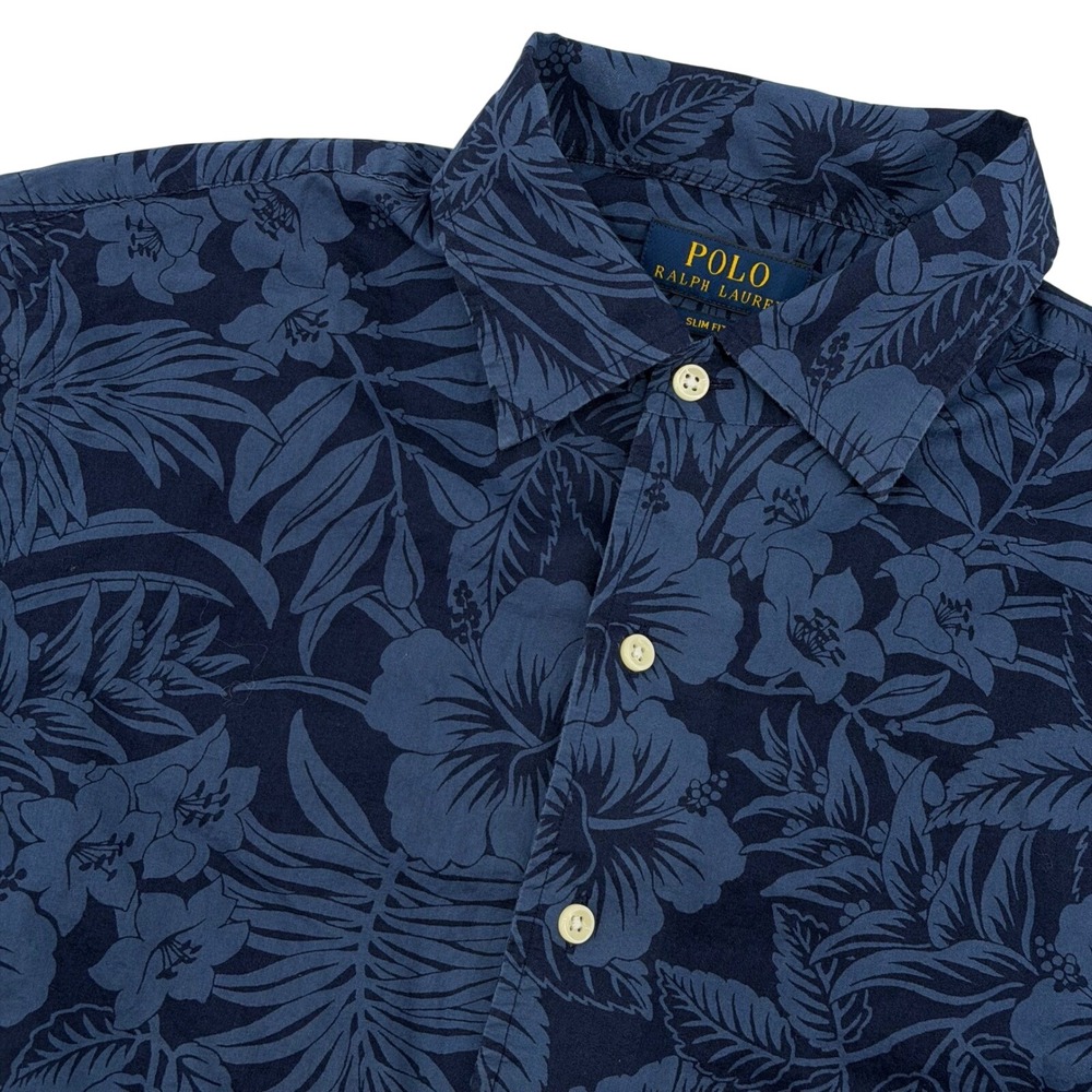 Polo Ralph Lauren Button Down Men‎ Medium Blue Hibiscus Floral Slim Fit Cotton